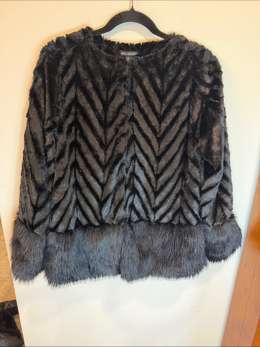 Nina Leonard Chic Black Chevron Faux Fur Jacket with Shaggy Fur Plush Cuffs, S